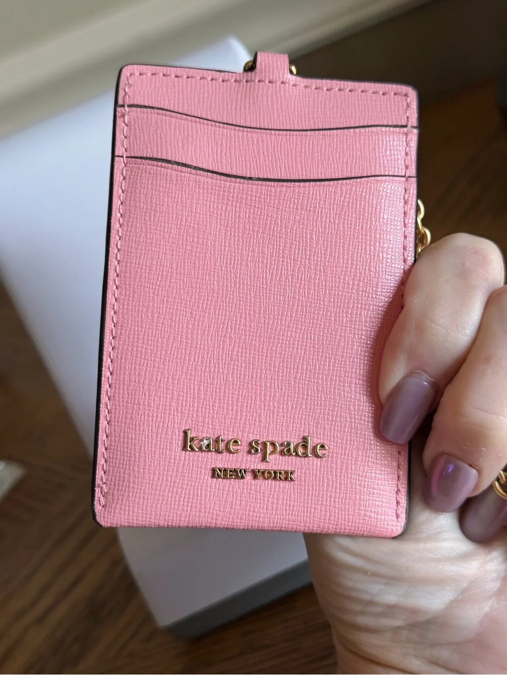kate spade Pink Leather Card & Key Holder with Gold Chain lanyard EUC